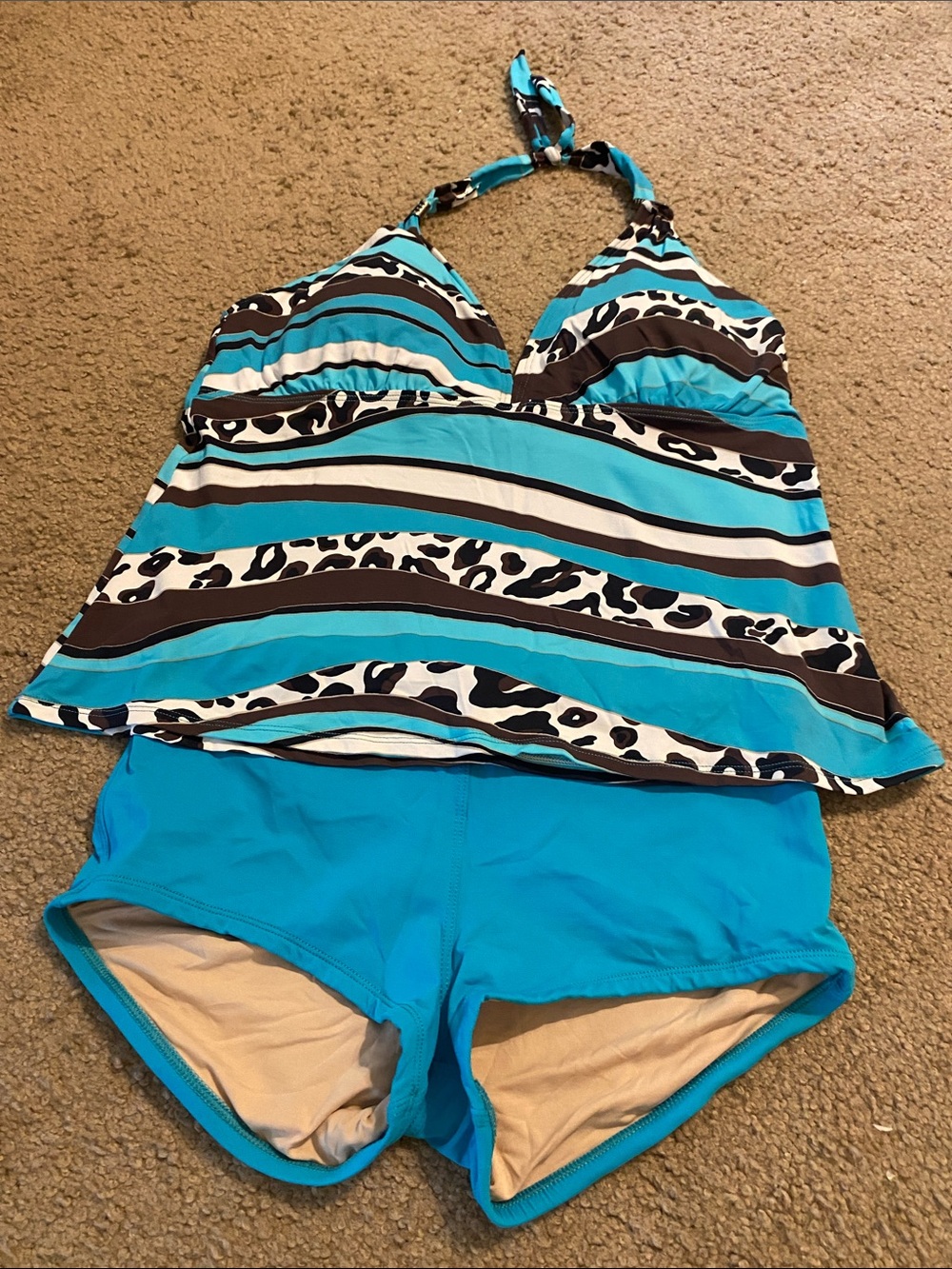 Bari Striped Aqua & Brown Tankini with Aqua Swim Shorts